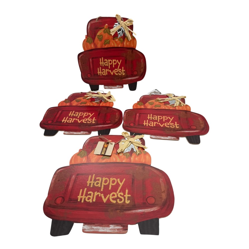 Lot of 4 Fall Harvest Red Truck Pumpkin Wood Wall Decor Thanksgiving Signs